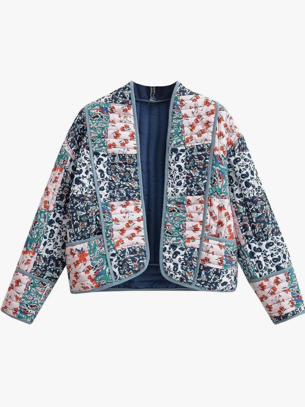 Akivide Women's Floral Printed Cropped Quilted Jacket Open Front Short Size M